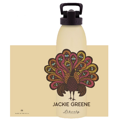 Jackie Greene modern lives water bottle almond color with peacock illustration made in america blue rose music