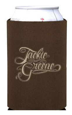 brown jackie greene koozie with cream script blue rose music made in america