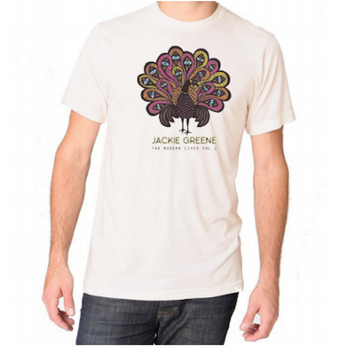 Jackie Greene modern lives peacock cream t-shirt designed by artist angie pickman organic band merch made in america blue rose music