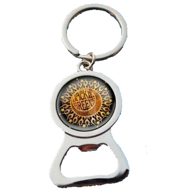 Jackie Greene bottle opener keychain featuring sun and moon graphic.
