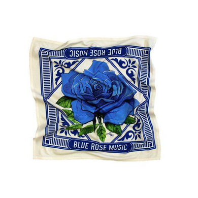 Cream blue bandana featuring a blue rose graphic. 100% Organic, 100% American Made.