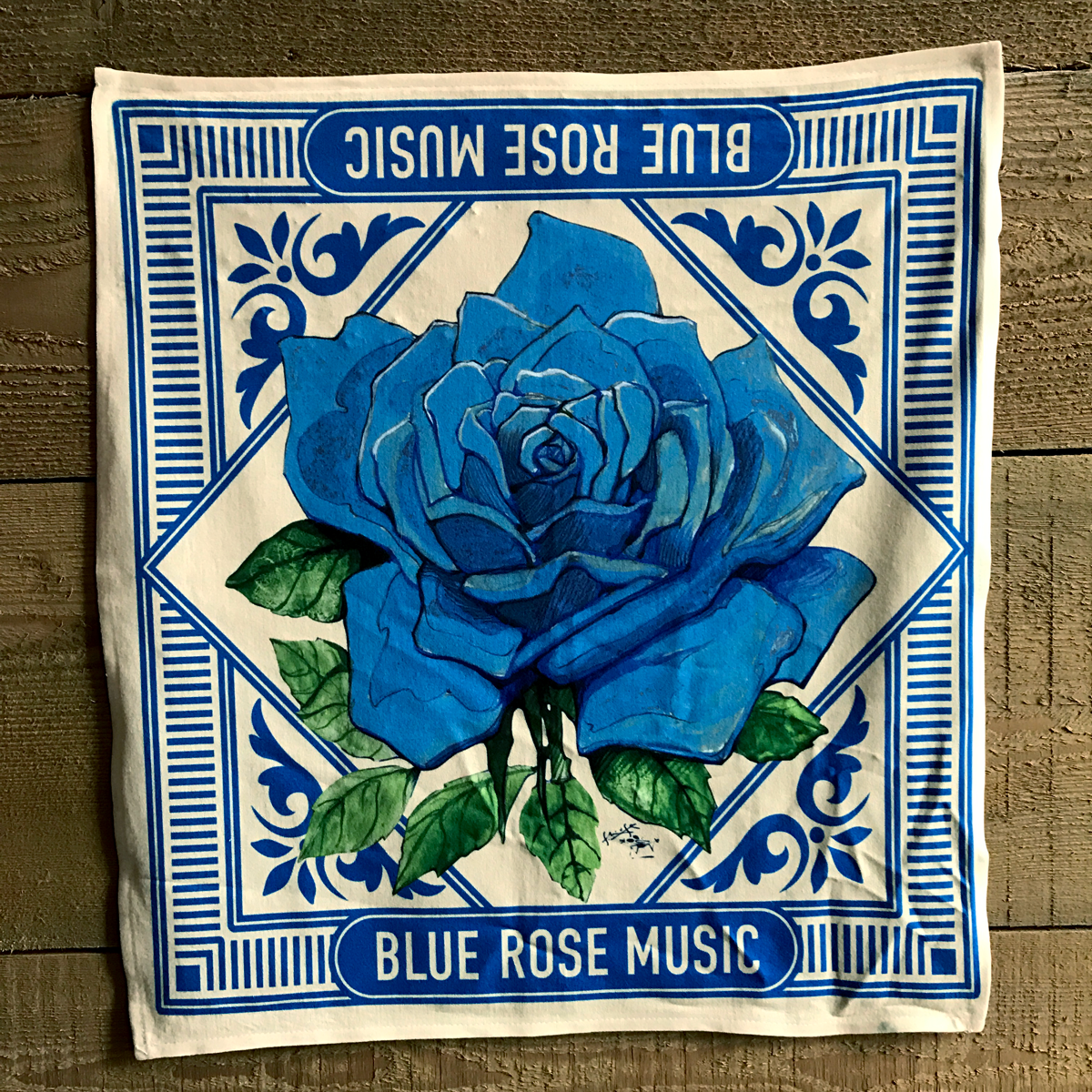 blue rose music cream bandana scarf on wood background made in america merch